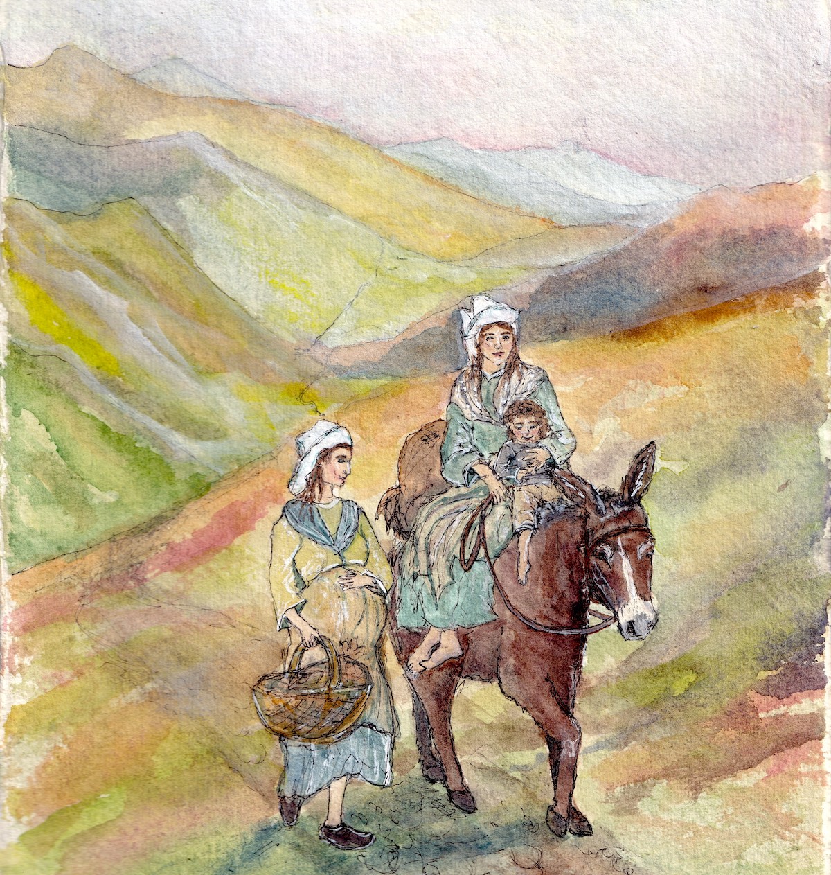 A watercolour painting of a pregnant women holding a basket walking beside a donkey which carries another woman and a toddler. Both are dressed in Napoleonic era clothing and are travelling through the mountains