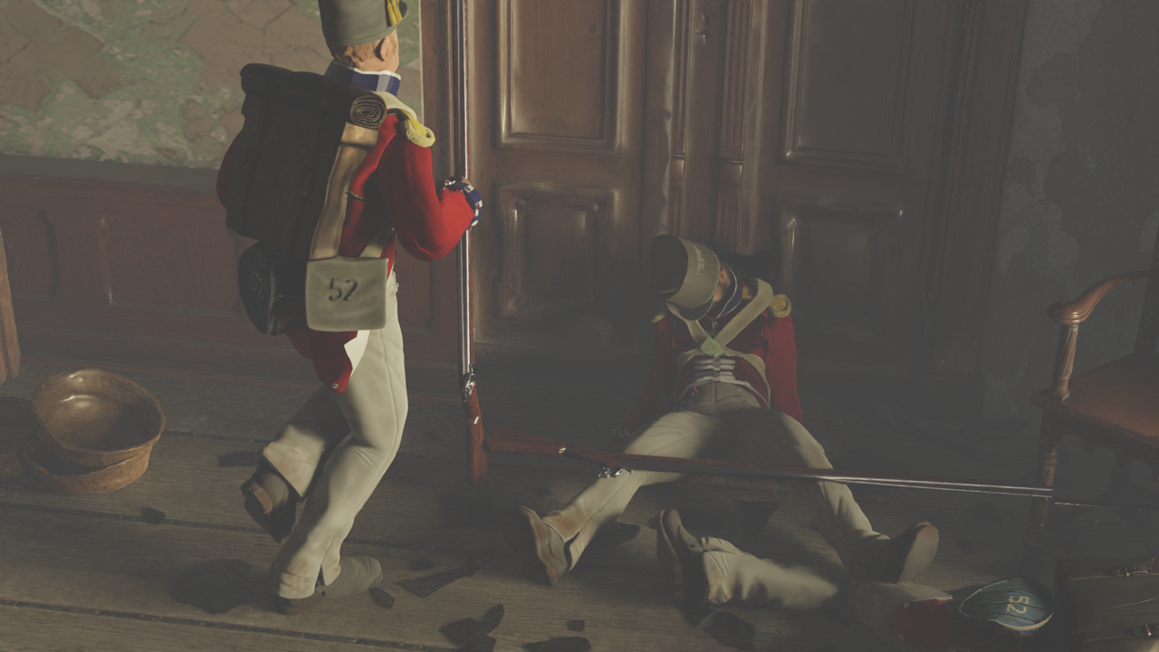 A digital artwork showing two British Napoleonic soldiers in the uniform of the 57th regiment inside a building. One lies on the floor, likely dead, while another runs towards him.